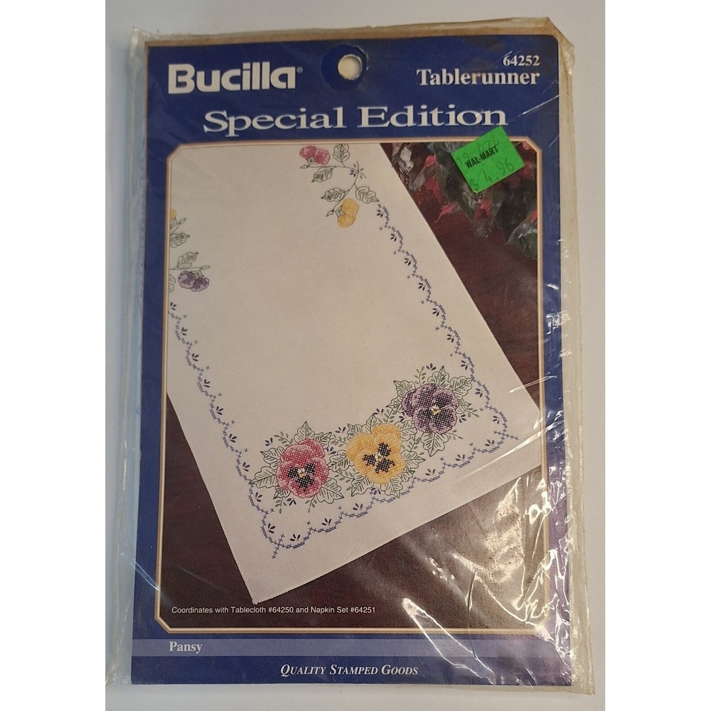 Bucilla stamped embroidery 64252 tablerunner pansy‎ 14 x 44